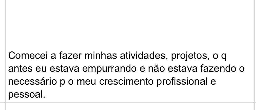 Mensagem de aluna dizendo que parou de empurrar o que precisava fazer