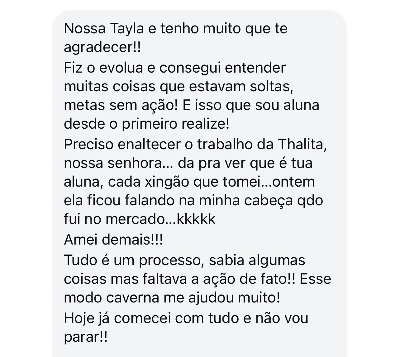 Mensagem de aluna sobre sair das metas soltas para a ação